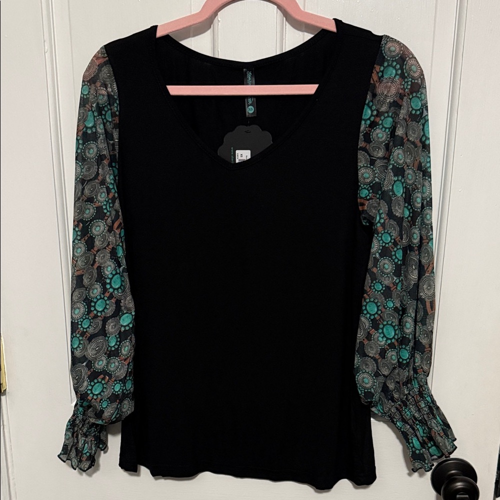 Elegant Black Blouse with Patterned Sleeves